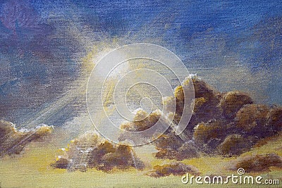 Beautiful sun with rays and big fluffy cloud on the blue sky oil painting Cartoon Illustration