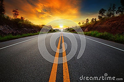 Beautiful sun rising sky with asphalt highways road in rural sce Stock Photo