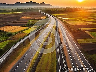 Beautiful sun rising sky with asphalt highways road in rural scene use land transport,generative ai Stock Photo