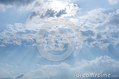 Beautiful sun shining over the cirrus cloud creates magic flares Stock Photo