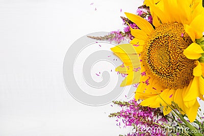 Beautiful sunflower and purple wild sage isolated on white Stock Photo