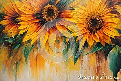 Beautiful sunflowers bouquet on grunge wooden background Stock Photo