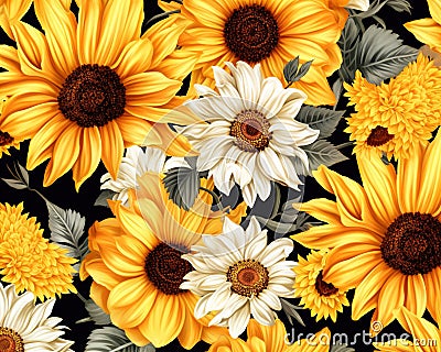 beautiful sunflowers and dsy floral pattern background. Cartoon Illustration