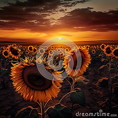 Beautiful Sunflowers Field At Sunset And Cloudy Sky - Generative AI Stock Photo