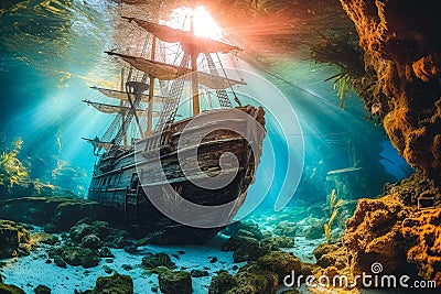 Beautiful Sunken Wooden Old Sailing Ship at the Bottom of the Ocean Among Magical Corals and Reefs extreme closeup. Generative AI Stock Photo