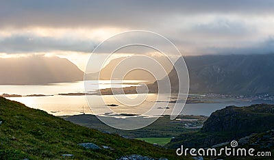 Beautiful sunrise above lofoten fjord in norway Stock Photo