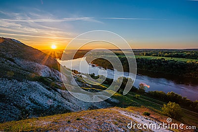 Beautiful sunrise above river Don and chalky hills, Voronezh region Stock Photo