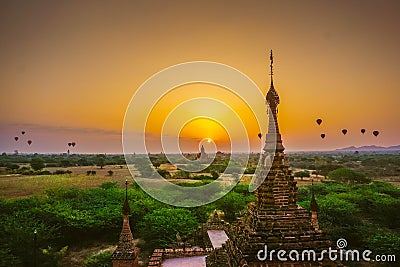 Beautiful sunrise in Bagan - city of thousands of Buddhist pagodas. Myanmar Stock Photo