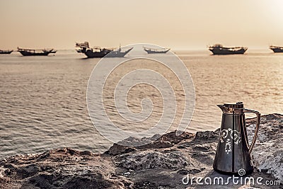 Beautiful Sunrise Boat in seaside . Dammam -Saudi Arabia Stock Photo