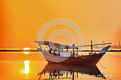 Beautiful Sunrise Boat in seaside. Dammam -Saudi Arabia Stock Photo