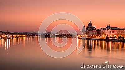 Beautiful sunrise on Danube river in Budapest, Hungary Stock Photo