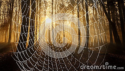 sunrise and dewy spider web in an old foggy forest Stock Photo