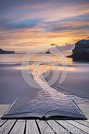 Beautiful sunrise landsdcape of idyllic Broadhaven Bay beach on Stock Photo