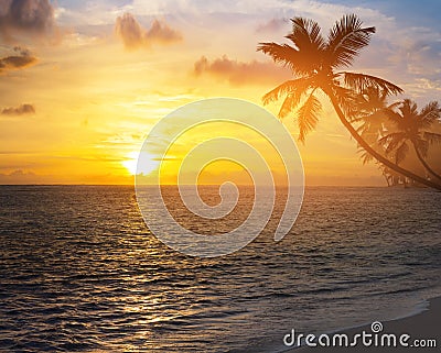 Beautiful sunrise over the caribbean tropical beach Stock Photo