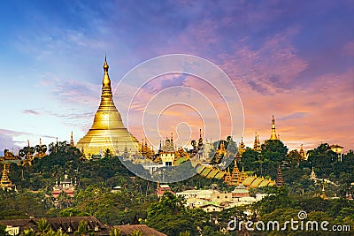 Beautiful sunrise over Shwedagon Pagoda in Yangon in Myanmar Stock Photo