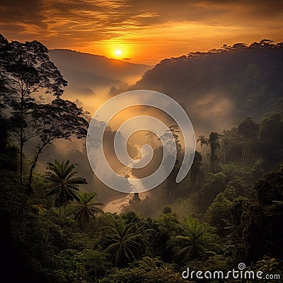 Beautiful sunrise with river in Borneo jungle Generative AI Stock Photo