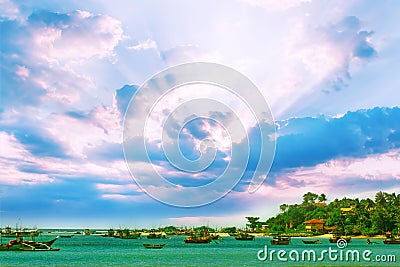 Beautiful sunrise, tropical beach , turquoise ocean water . Stock Photo