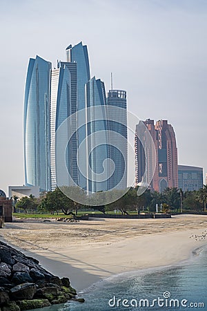 A beautiful sunrise view of Abu Dhabi City from Marina Breakwater Abu Dhabi, UAE, morning, Abu Dhabi sunrise, golden hour Editorial Stock Photo