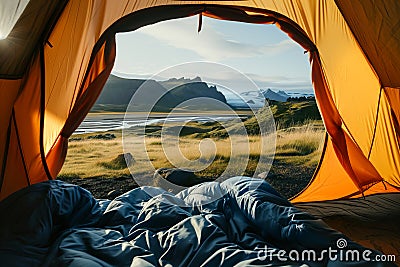 Beautiful sunrise view from the tent. Tourist admiring scenic morning landscape from inside the tent at campsite. Breathtaking Stock Photo