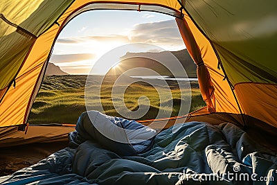 Beautiful sunrise view from the tent. Tourist admiring scenic morning landscape from inside the tent at campsite. Breathtaking Stock Photo