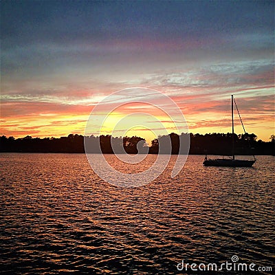 Beautiful Sunset on anchor in the North Carolina ICW Stock Photo