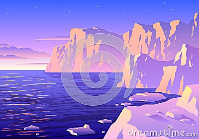 Beautiful Sunset Arctic Or Antartic Iceberg Landscape Illustration Vector Illustration