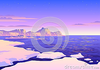 Beautiful Sunset Arctic Or Antartic Iceberg Landscape Illustration Vector Illustration