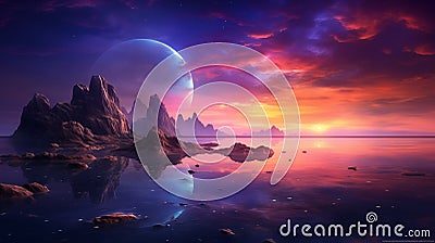 a beautiful sunset, with the brilliant colors of the clouds in the sky and the afterglow of the sun on the calm sea, AI-generated Stock Photo