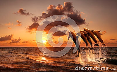 Beautiful sunset with dolphins Stock Photo