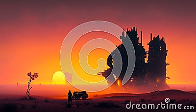 Beautiful sunset of futuristic society, Cyber punk style desktop background, 4k, huge industrial machinery, generative ai Stock Photo