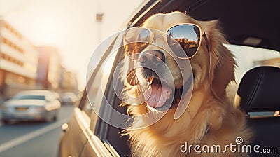 Beautiful sunset golden hour light photo of smiling Golden Retriever cute dog in fancy sunglasses during evening car city tour Stock Photo