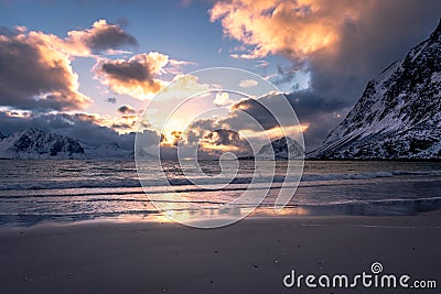 Sunset at Haukland Beach on the Lofoten Islands Stock Photo