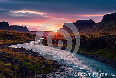 Beautiful sunset on Iceland aerial river among deserted hills Stock Photo