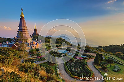 Beautiful sunset landscape at two pagoda, Doi Inthanon National Park, Chiang mai, Thailand Stock Photo