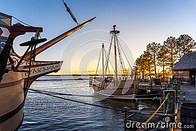 Historic Boats of the early Jamestown settelers on the James River at Sunset Editorial Stock Photo