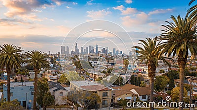 Beautiful sunset of Los Angeles downtown skyline and palm trees Stock Photo