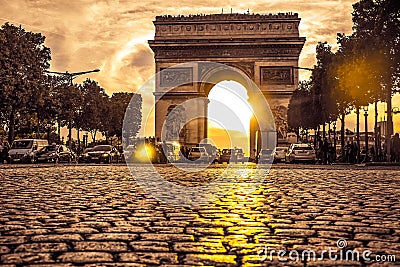 Beautiful sunset over Arc de Triomphe, Paris Editorial Stock Photo