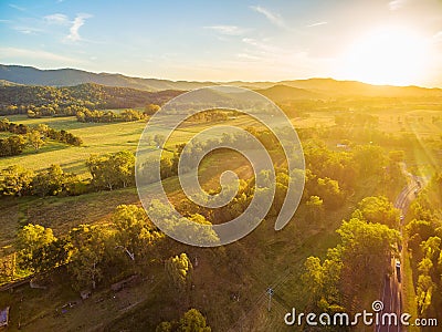 Beautiful sunset over Australian countryside - aerial landscape. Stock Photo