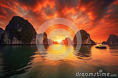 Beautiful sunset over Halong bay, Vietnam. Panoramic view, seascape sunset at Halong Bay, AI Generated Stock Photo