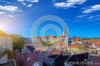 Beautiful sunset over historic centre of Chesky Krumlov old town in the South Bohemian Region of the Czech Republic on Vltava Stock Photo