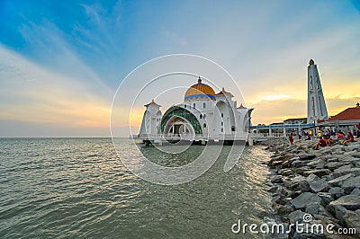 Beautiful sunset over the Malacca Straits Mosque or Masjid Selat Editorial Stock Photo