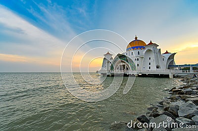 Beautiful sunset over the Malacca Straits Mosque or Masjid Selat Editorial Stock Photo