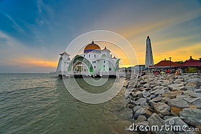 Beautiful sunset over the Malacca Straits Mosque or Masjid Selat Editorial Stock Photo