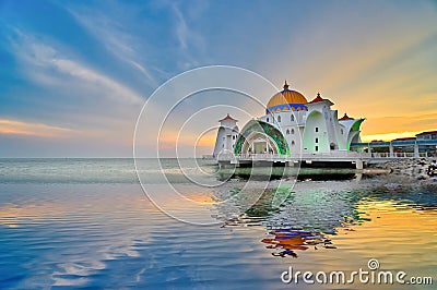 Beautiful sunset over the Malacca Straits Mosque or Masjid Selat Editorial Stock Photo