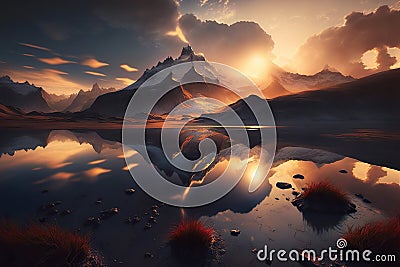 Beautiful sunset over mountain peak, sun reflected in the lake. Spectacular winter landscape Stock Photo