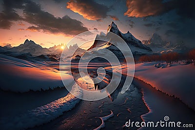 Beautiful sunset over mountains. Spectacular winter landscape Stock Photo