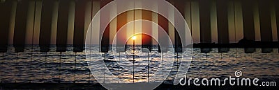 Beautiful sunset over ocean waves with transparent piano tiles overlay Stock Photo