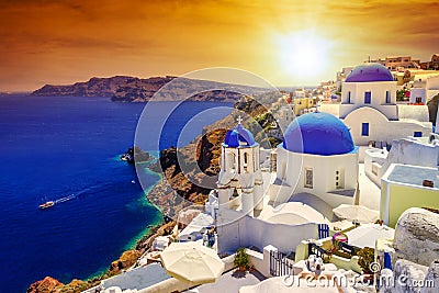 Beautiful sunset over Oia town on Santorini island, Greece Stock Photo