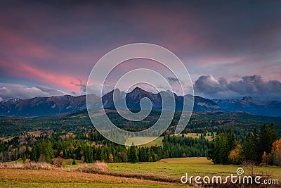 A beautiful sunset over the Tatra Mountains . The pass over Lapszanka in Poland Stock Photo