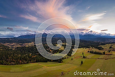 A beautiful sunset over the Tatra Mountains . The pass over Lapszanka in Poland Stock Photo